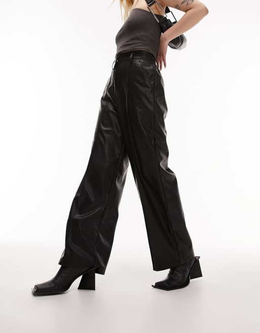 Topshop Petite faux leather high waist pleated peg pants in ecru