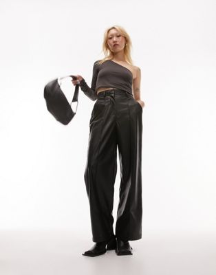 Topshop Petite faux leather dad pleated wide leg trouser in black