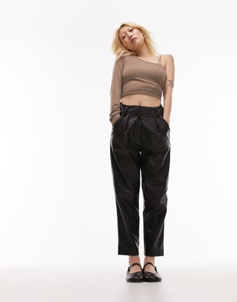 Topshop Petite faux leather high waist pleated peg pants in black - view 1