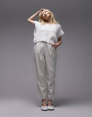 Topshop Petite Faux Leather High Waist Pleated Peg Pants In Ecru-white