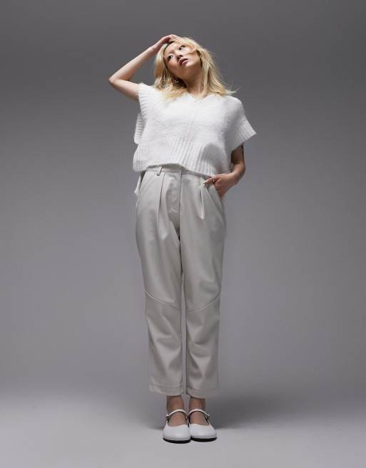 Topshop Petite faux leather high waist pleated peg pants in ecru