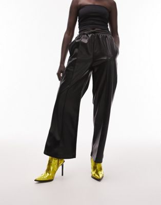Topshop Petite faux leather jogger style straight leg trouser in black