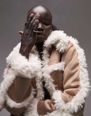 Topshop Petite Topshop Petite faux leather mid length 70s style car coat in tan-Brown