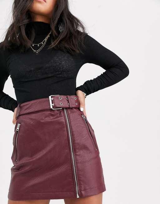 Topshop Petite faux leather mini skirt in burgundy