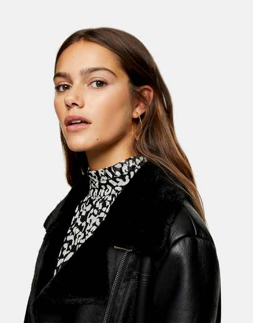 Topshop Petite faux leather aviator jacket in black, ASOS