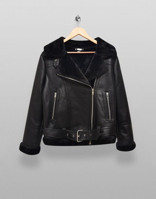 Topshop Petite faux leather moto jacket in black
