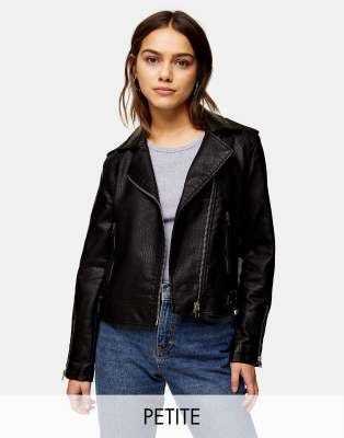 Topshop Petite faux leather biker jacket in black