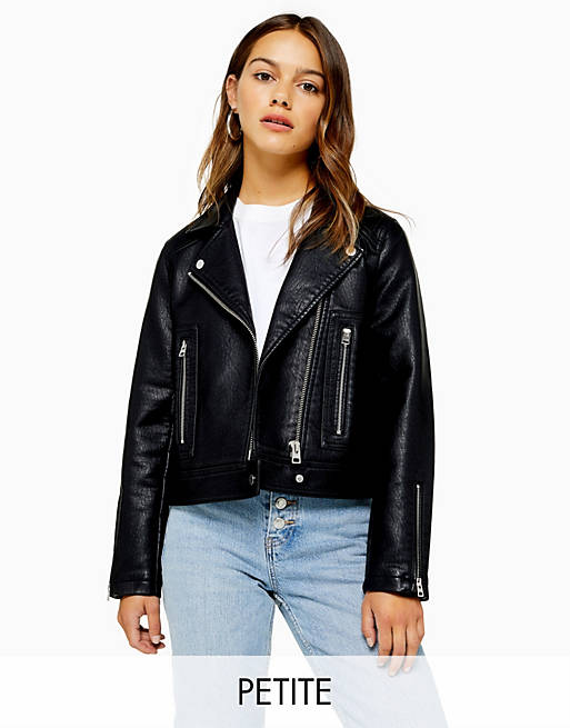 Topshop Petite faux leather moto jacket in black