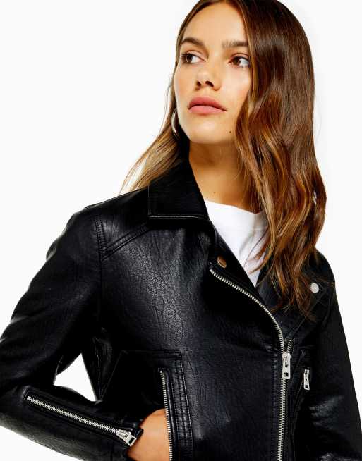 Topshop Tall faux leather moto jacket in black - ShopStyle