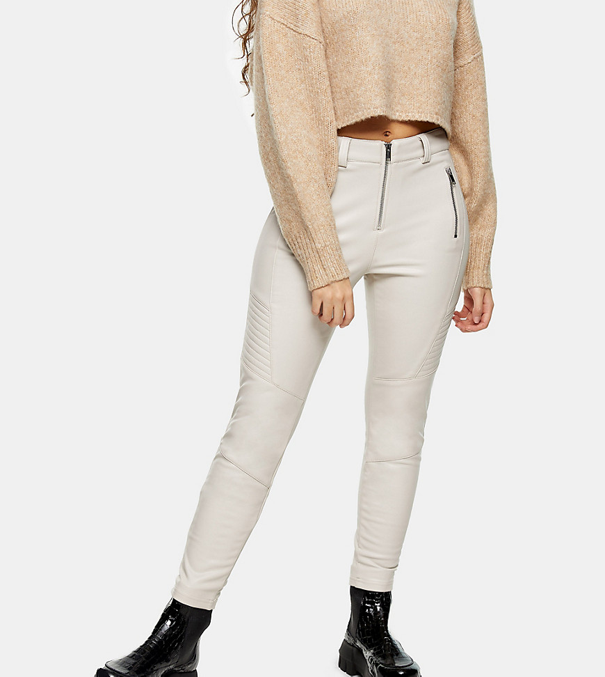 Topshop Petite faux leather moto pants in cream-White