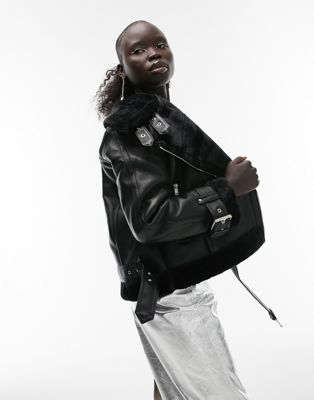 Topshop Petite faux leather shearling aviator biker jacket in black