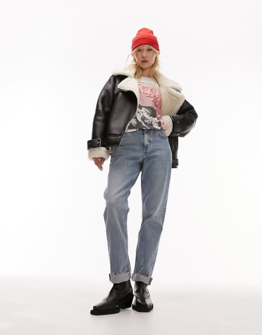 Topshop Petite faux leather shearling aviator biker jacket in