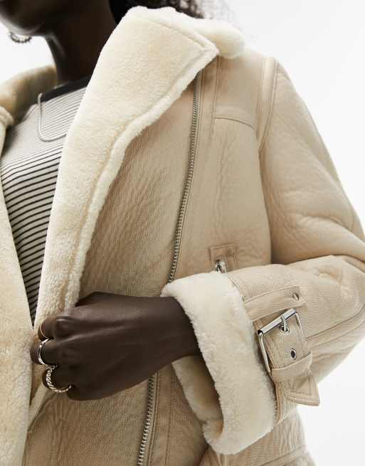 Topshop faux leather shearling aviator biker jacket in off white