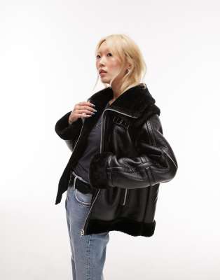 Topshop Petite Faux Leather Shearling Zip Front Oversized Aviator Jacket  With Double Collar Detail In Black