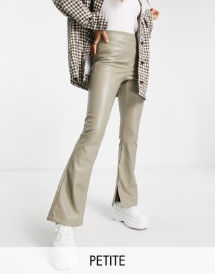 Topshop Petite faux leather slit flares in putty-Neutral