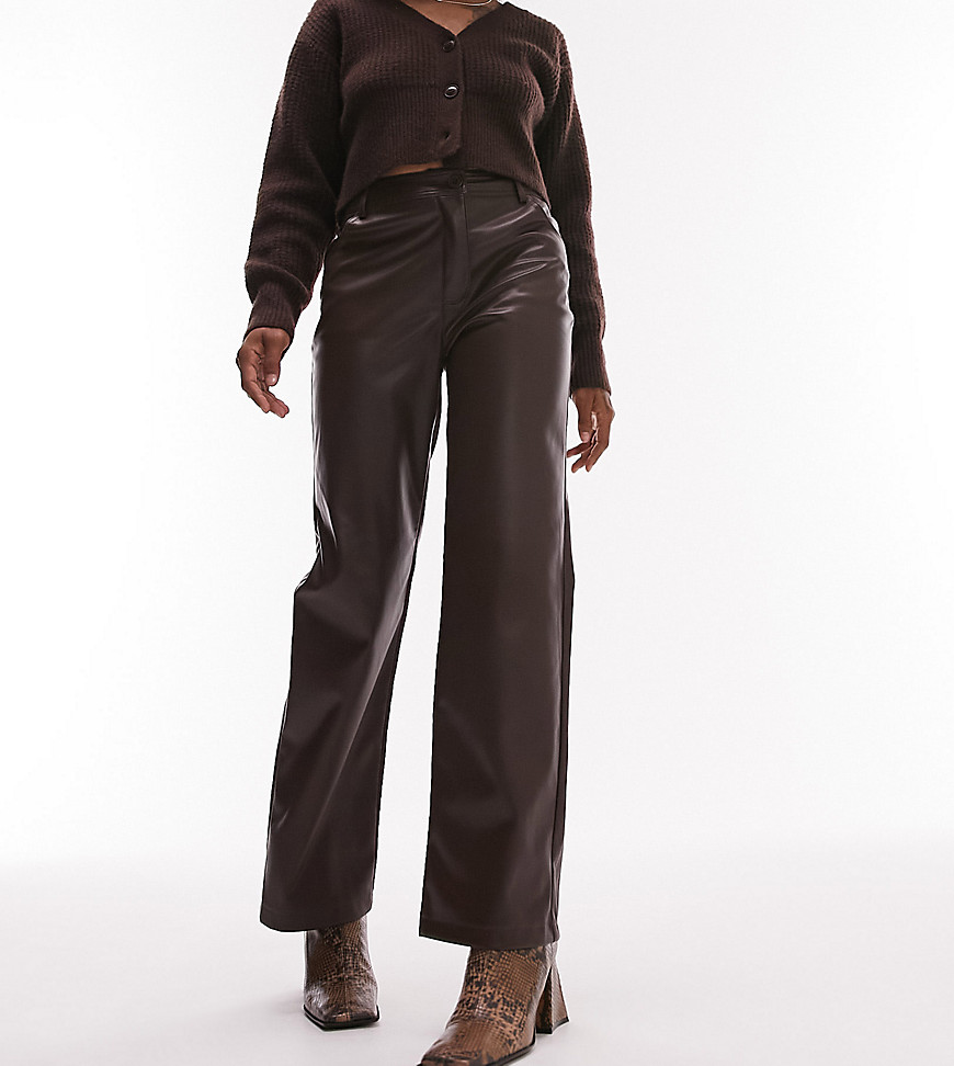 Topshop Petite faux leather straight leg pants in chocolate-Brown
