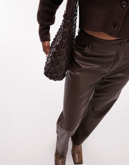 Topshop Petite Faux Leather Skinny Fit Pants In Chocolate-brown