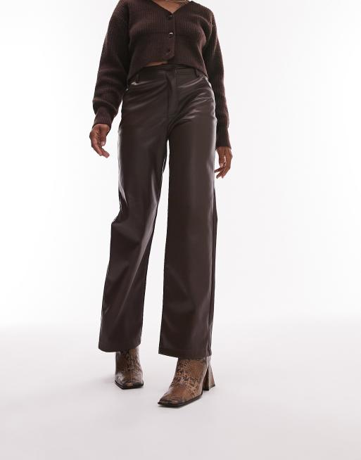 Topshop Petite faux leather straight leg trouser in chocolate