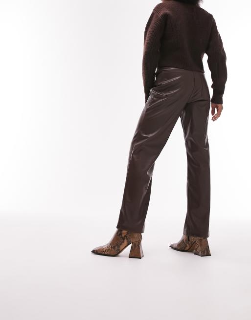 Topshop Petite faux leather straight leg trouser in chocolate ASOS