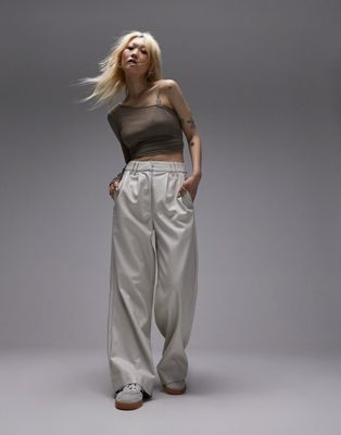 Topshop Petite faux leather super wide tailored trouser in ecru-White