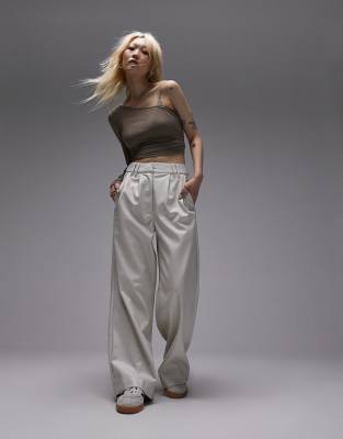 Topshop Petite Topshop Petite faux leather super wide tailored trouser in ecru-White