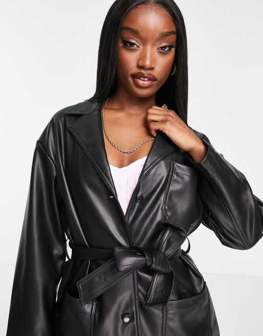 Topshop Petite faux leather tie waist jacket in black