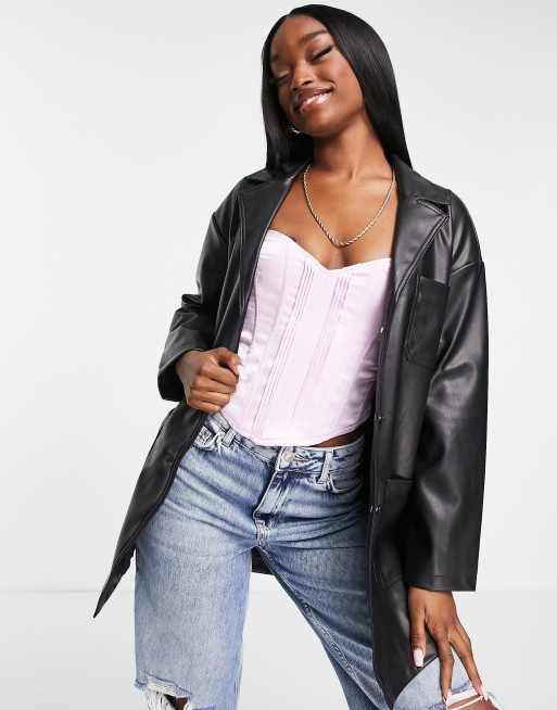 Topshop Petite Petite Faux Leather Tie Jacket-black