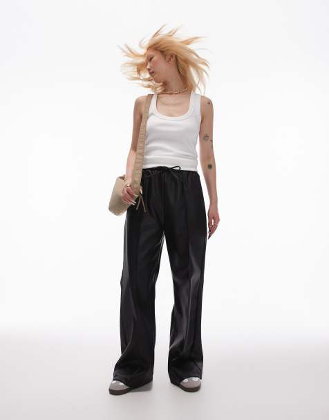 Topshop Petite faux leather trackies in black - view 1