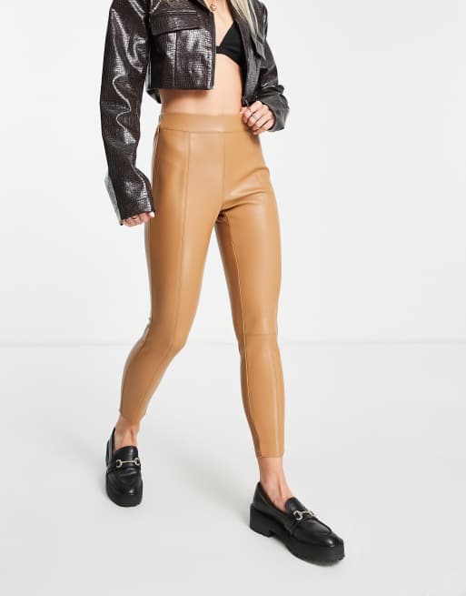 Topshop Petite faux leather trouser in camel ASOS