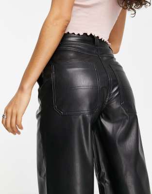 Topshop Petite faux leather wide leg trouser in black