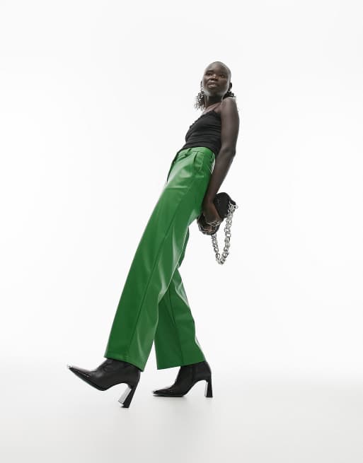 Topshop Petite faux leather wide leg pants in green | ASOS