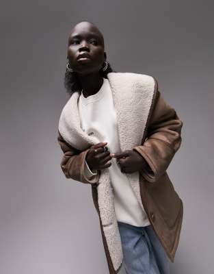 Topshop Petite faux shearling oversized aviator jacket in brown - ASOS Price Checker