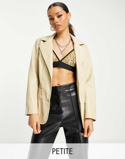 Topshop Petite fitted faux leather blazer in biscuit