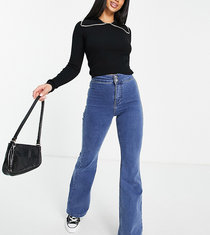 Topshop Petite flared joni jeans in mid blue