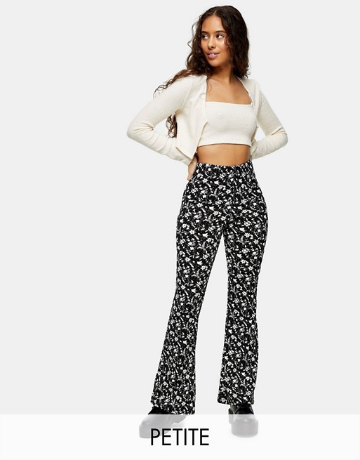 Topshop Petite floral flared trousers in black