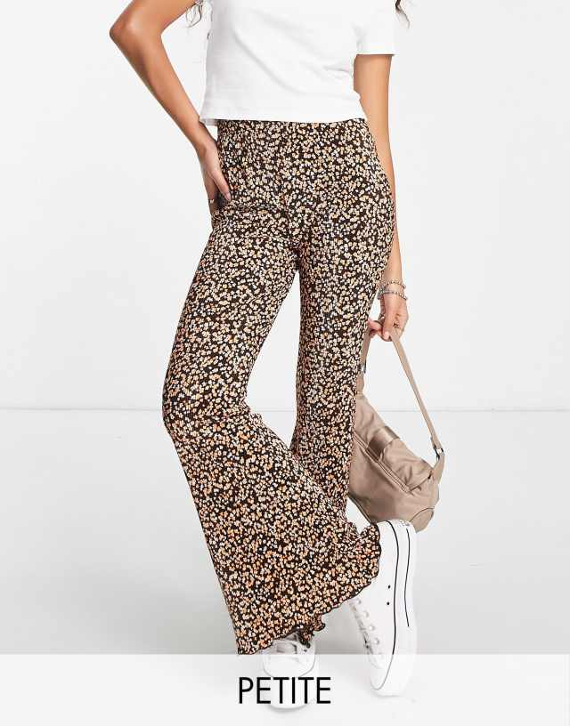 Topshop Petite floral print plisse flared pants in brown