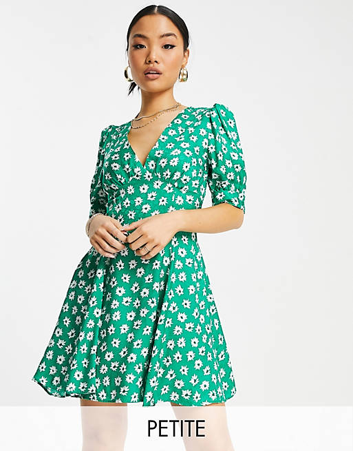 Women Topshop Petite floral v neck swing tea dress in green 