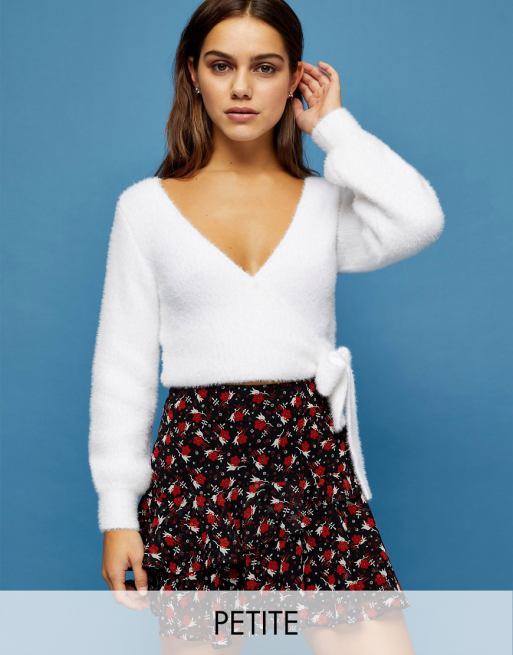 Topshop Petite fluffy ballet wrap top in ivory | ASOS