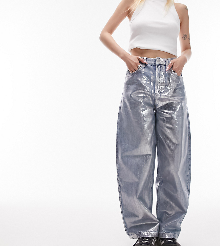 Topshop Petite Foil Baggy Jeans In Silver-blue