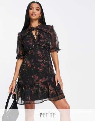 Topshop Petite frill detail mini dress in black floral print