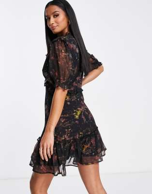 Topshop Petite frill detail mini dress in black floral print, 1 of 4