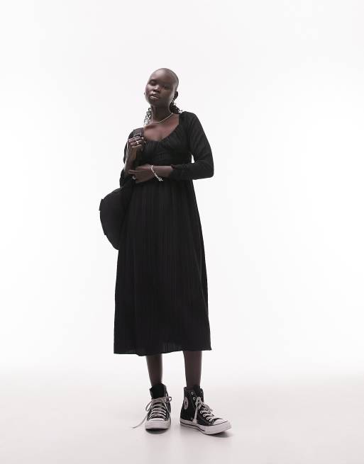 Petite gathered midi tea dress in black ASOS