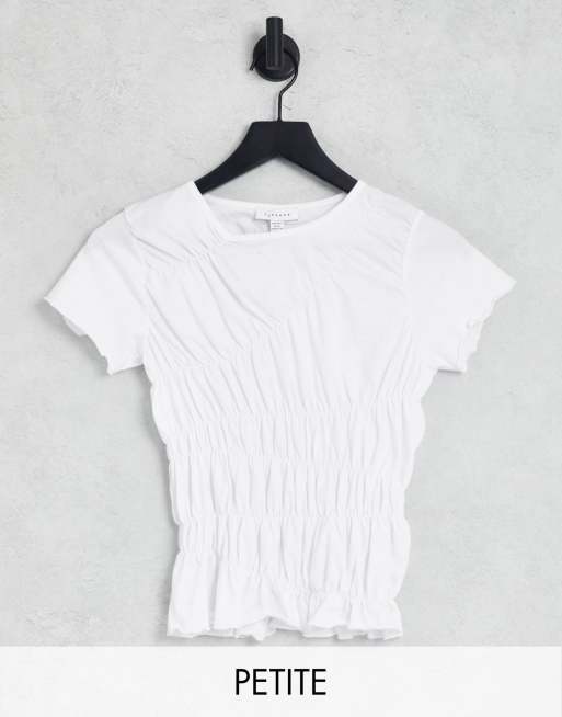 Topshop Petite – Gesmokt-gerafftes T-Shirt in Weiß