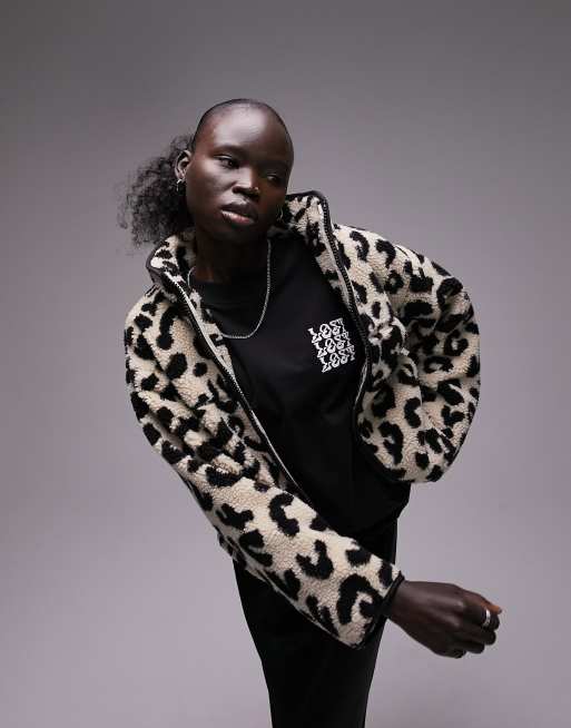 Topshop Petite - Giacca in pile borg leopardato con zip
