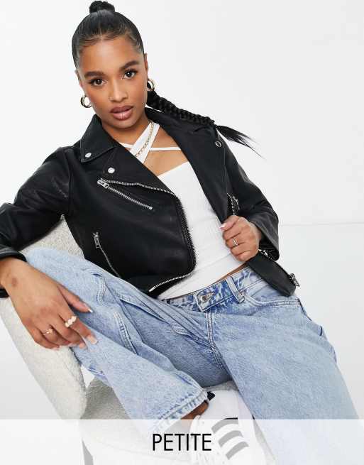 Topshop Petite - Giacca stile motociclista nera in pelle sintetica