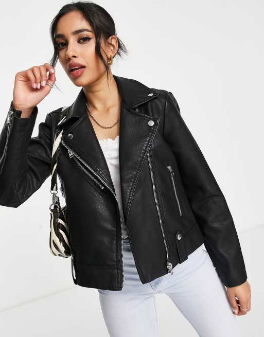 Topshop Petite - Giacca stile motociclista nera in pelle sintetica