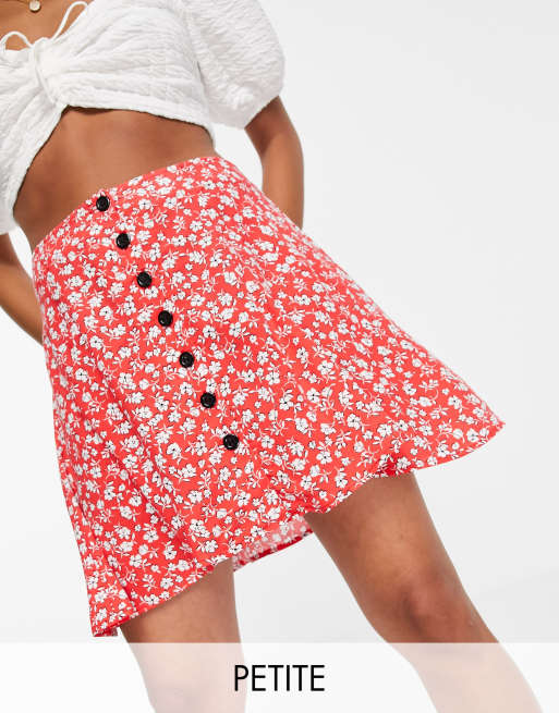 Topshop Petite - Gonna morbida con bottoni e stampa a fiori, colore rosso 