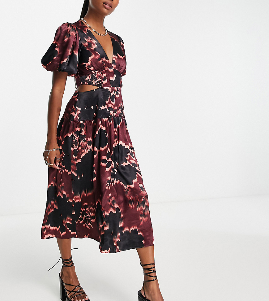 Topshop Petite graphic floral cut out waist midi dress in burgundy-Red