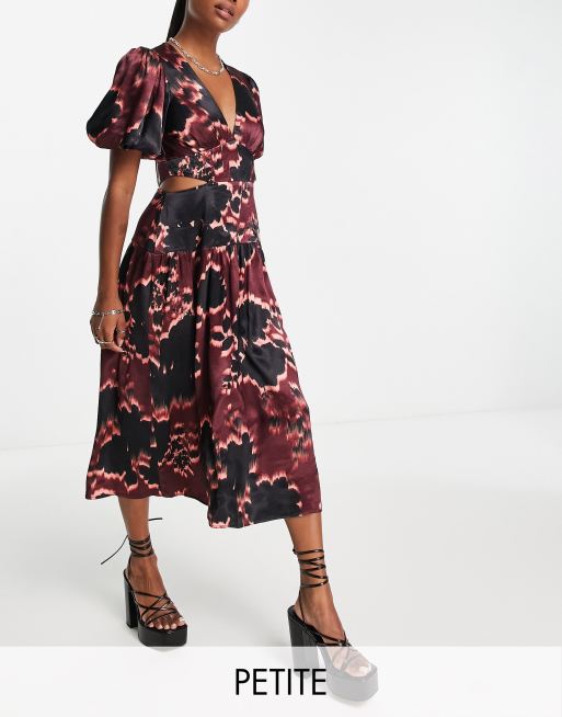 Topshop Petite graphic floral cut out waist midi dress in burgundy | ASOS