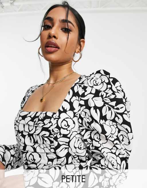 Topshop petite graphic floral ruched top in monochrome